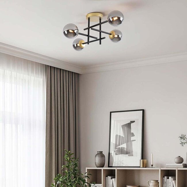 Caleb ceiling lamp, 4-light - Smoked glass with Mirror effect