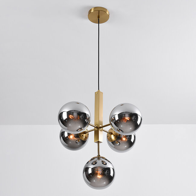 5-light pendant light Kenji - smoked glass with mirror effect and gold