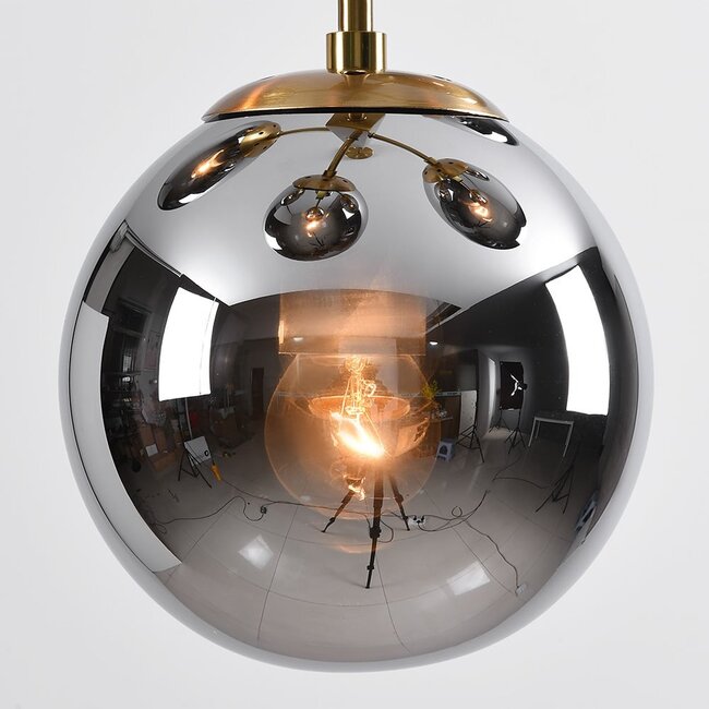 5-light pendant light Kenji - smoked glass with mirror effect and gold