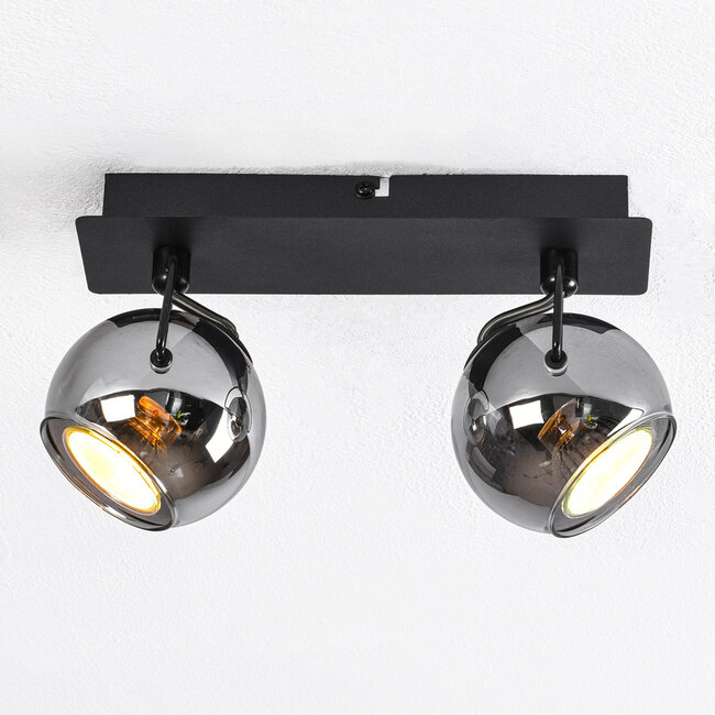 Modern ceiling lamp with smoked glass and 2 spotlights, black - Jari