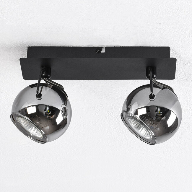 Modern ceiling lamp with smoked glass and 2 spotlights, black - Jari