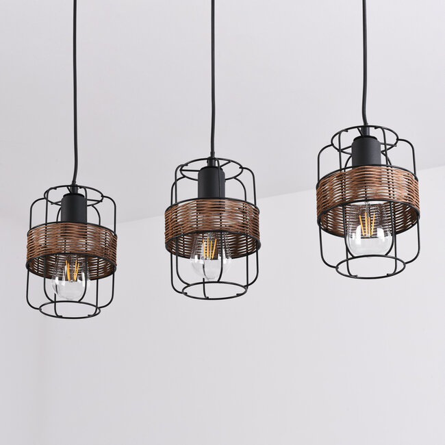 Industrial pendant light Hira - black with woven rattan