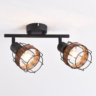 Harun ceiling lamp in rattan and black metal, 2-light
