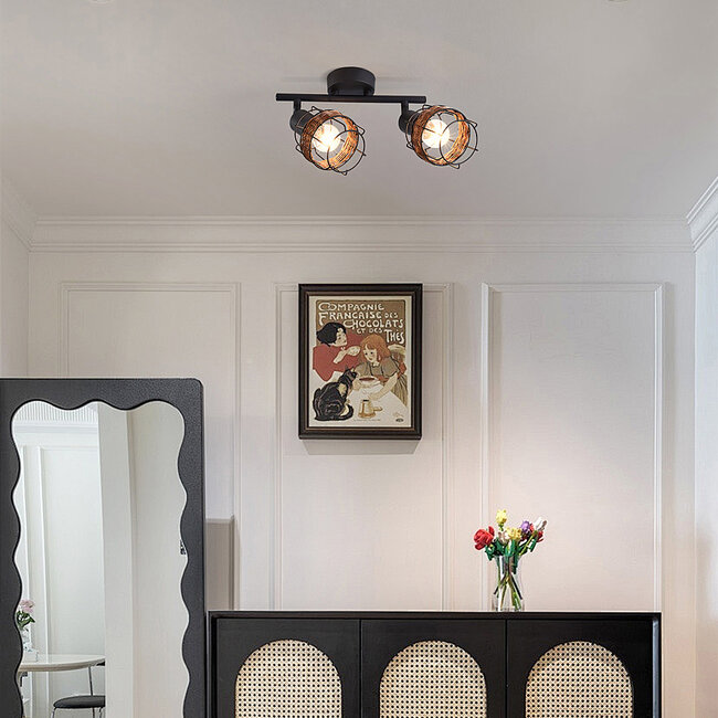 Harun 2-light ceiling light in rattan and black metal