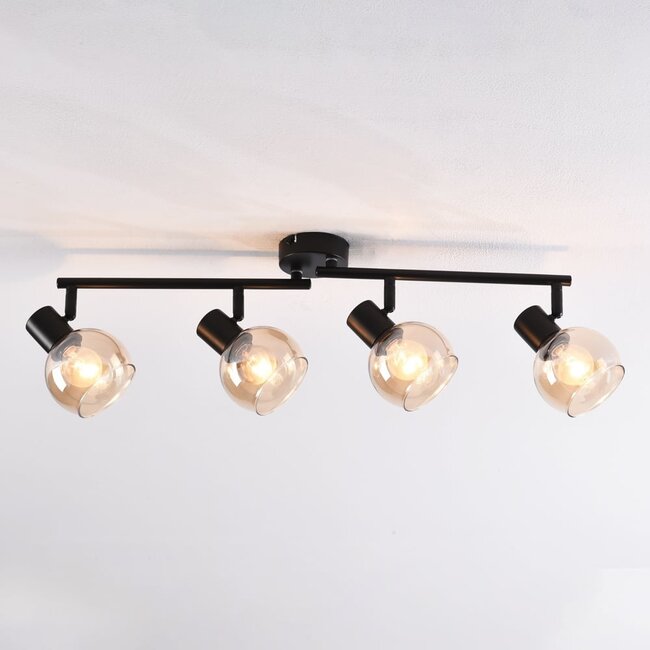 4-light ceiling light Pela - amber glass and black with adjustable spotlights