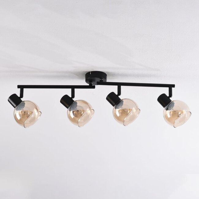 4-light ceiling light Pela - amber glass and black with adjustable spotlights