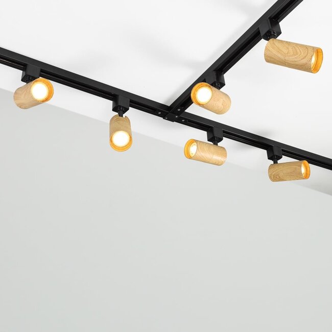 Modern 1-phase track lighting system, 3 metres, Black with oak wood effect - Loek
