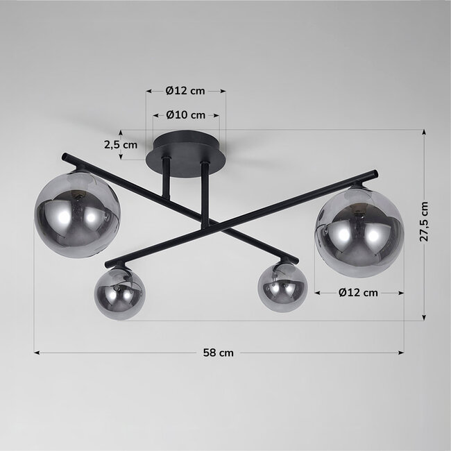 Modern ceiling light, 4-light black with smoked glass - Nymo