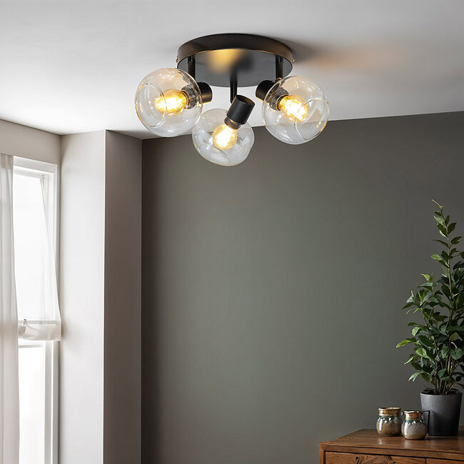 Round ceiling lamp, black with transparent glass, 3-light - Jenthe