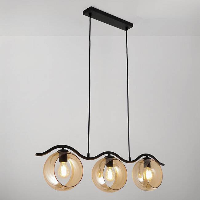 3-light pendant light Curvatura - black with amber glass