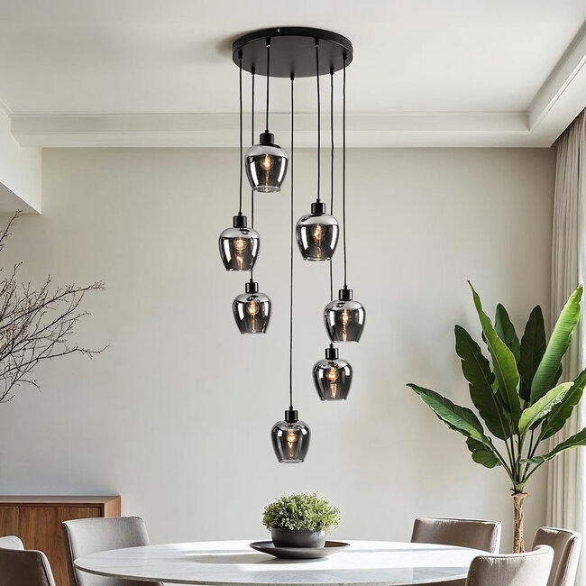 7-light pendant lamp in Black with Smoked glass grey glass - Hollister