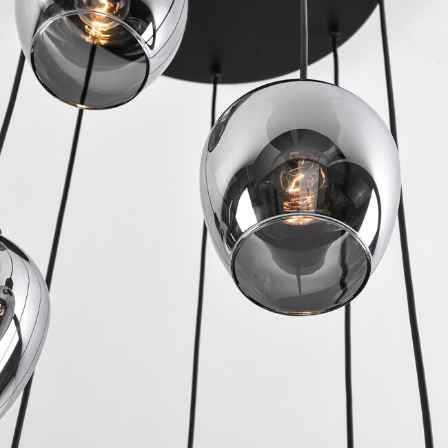 7-light pendant lamp in Black with Smoked glass grey glass - Hollister