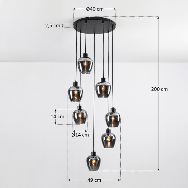 7-light pendant lamp in Black with Smoked glass grey glass - Hollister