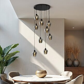 9-light pendant lamp in Black with Smoked glass grey glass - Alturas