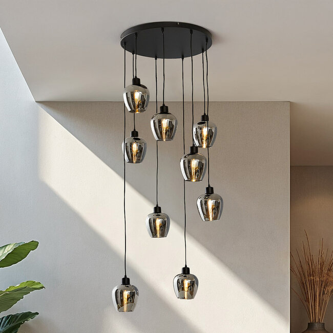 9-light pendant lamp in Black with Smoked glass grey glass - Alturas