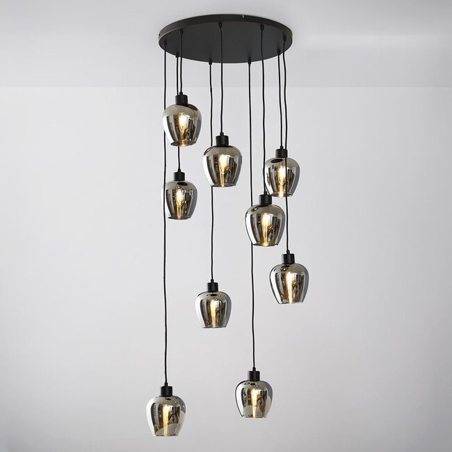 9-light pendant light Alturas - black with smoked grey glass