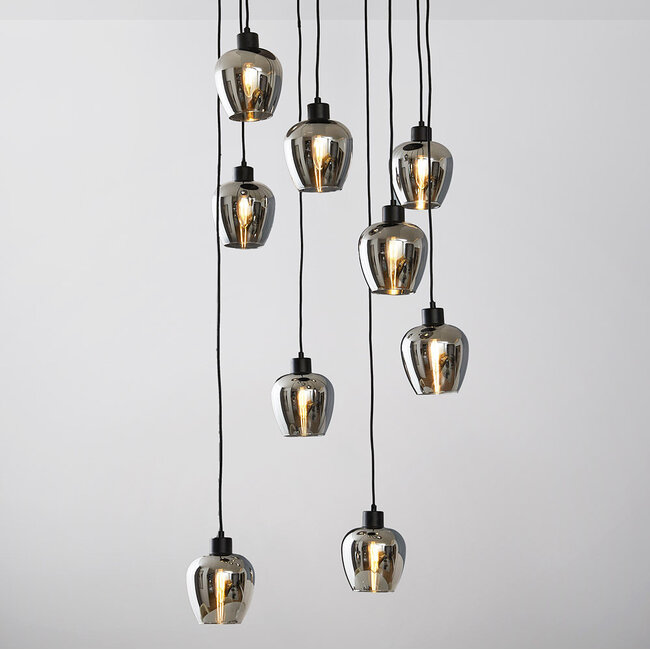 9-light pendant lamp in Black with Smoked glass grey glass - Alturas