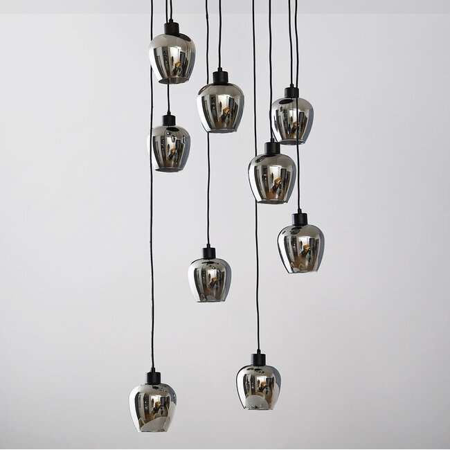 9-light pendant light Alturas - black with smoked grey glass