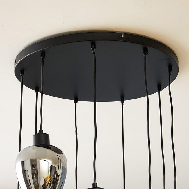 9-light pendant light Alturas - black with smoked grey glass