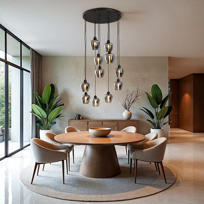 11-light pendant lamp in black with smoked glass grey glass - Hanford