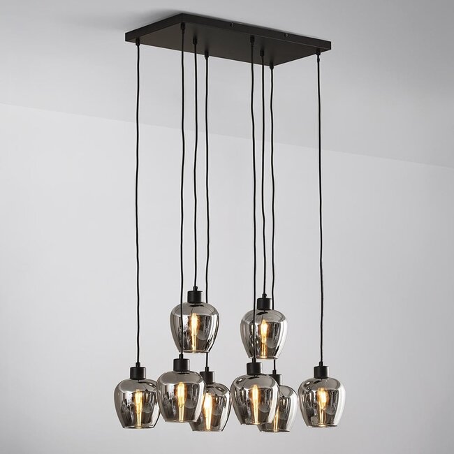 8-light pendant light Sidney - black with smoked grey glass