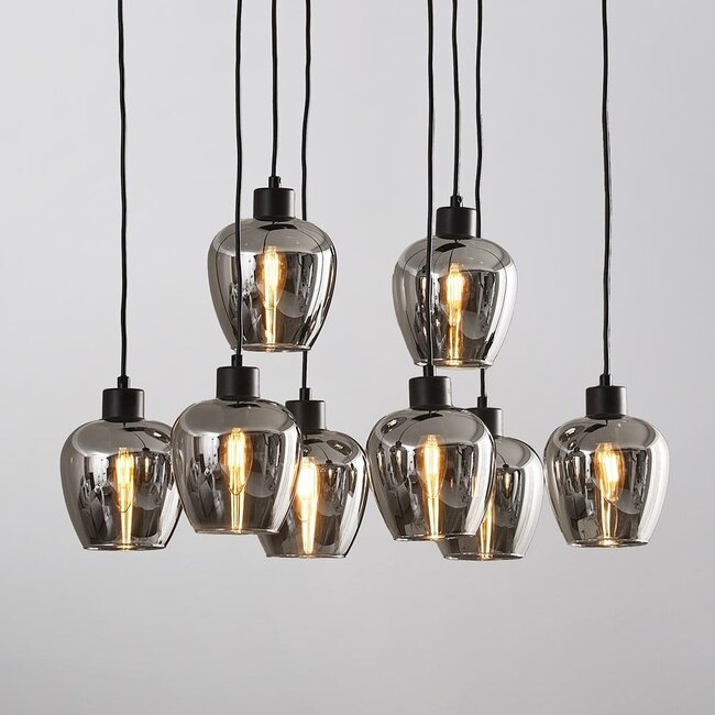 8-light pendant light Sidney - black with smoked grey glass