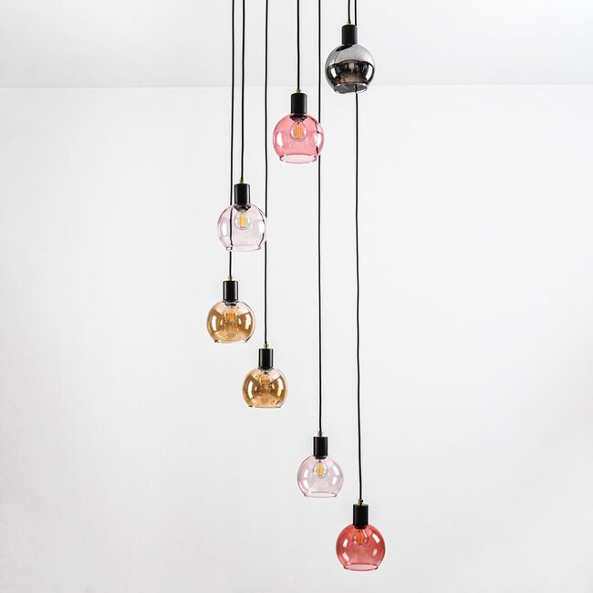 Black pendant lamp with amber, smoked glass and pink glass, 7-light - Monroe