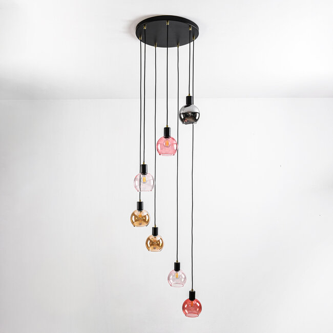 Black pendant lamp with amber, smoked glass and pink glass, 7-light - Monroe