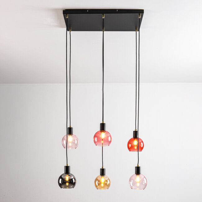 6-light pendant lamp in black with Smoked glass, amber and pink glass - Minot