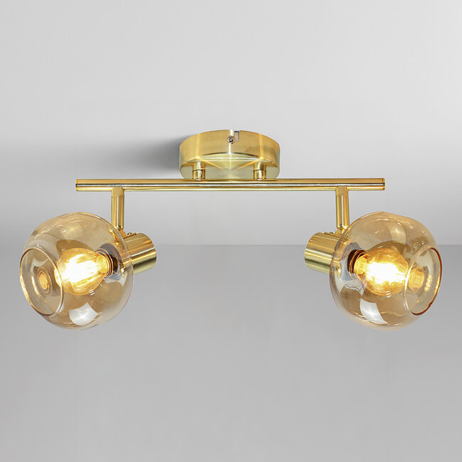 Ceiling lamp Gold with Amber glass, 2-light - Jenthe