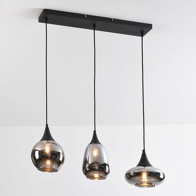 3-light pendant light Lovi - black with smoked glass and mirror effect