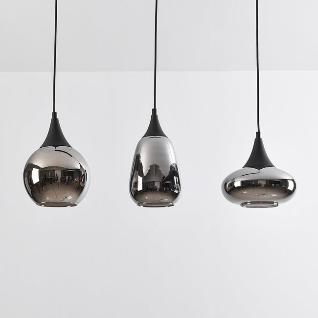 3-light pendant light Lovi - black with smoked glass and mirror effect
