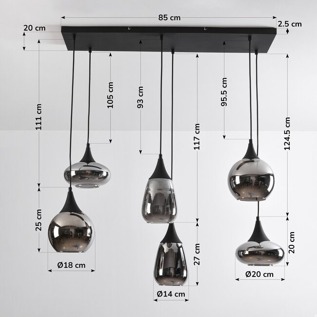 6-light pendant light Loic - black with smoked glass and mirror effect
