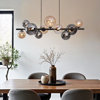 Designer lighting Deka black pendant lamp with amber and smoked glass, 10-light