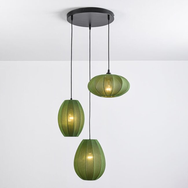 3-light Japandi pendant lamp with green fabric lanterns - Fabrica