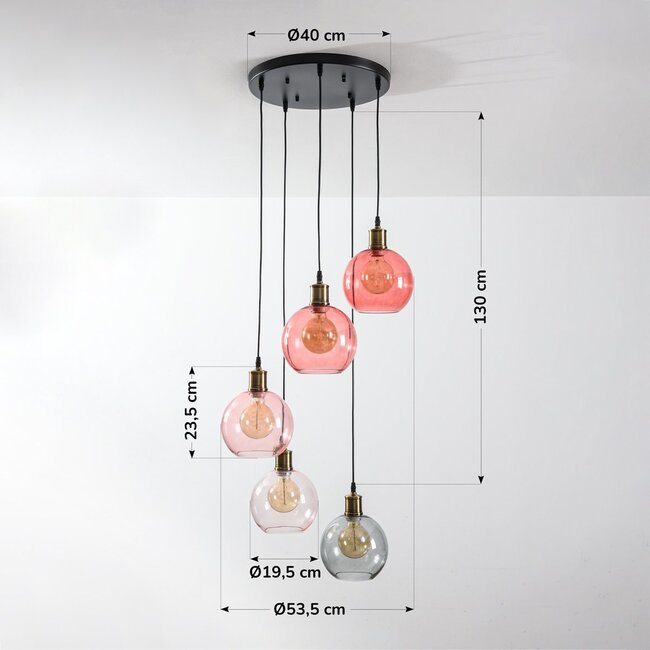 5-light pendant light Liya - with smoked, red and pink glass