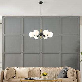 Designer pendant light Callie black with opal white glass, 6-light