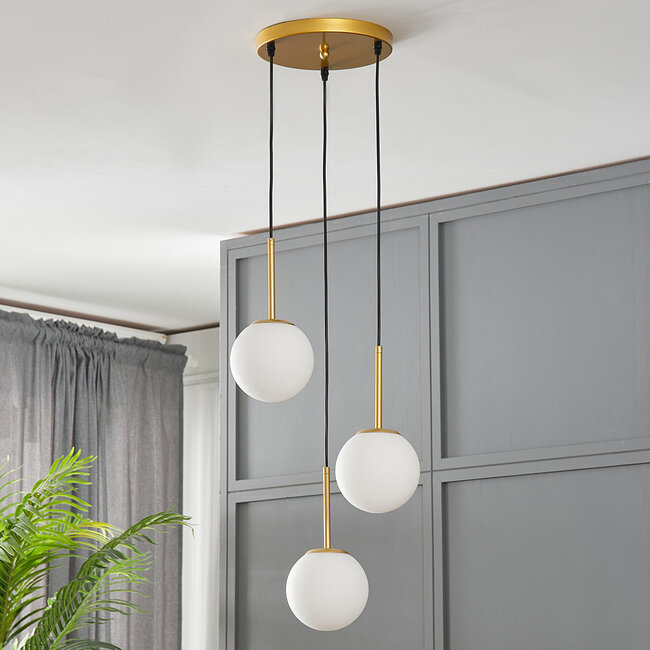 3-light pendant lamp Addy gold with opal white glass