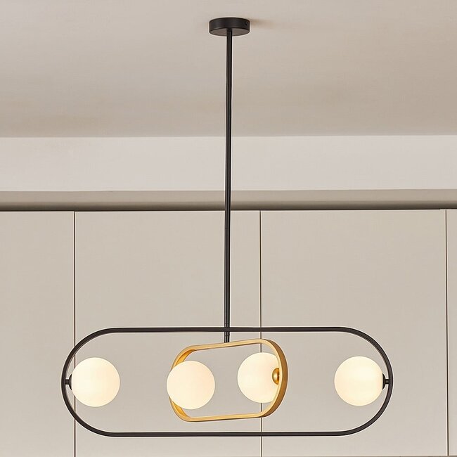 4-light designer pendant lamp Gaio - Black and Gold with milky white glass