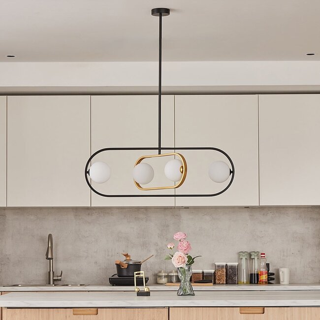 4-light designer pendant lamp Gaio - Black and Gold with milky white glass