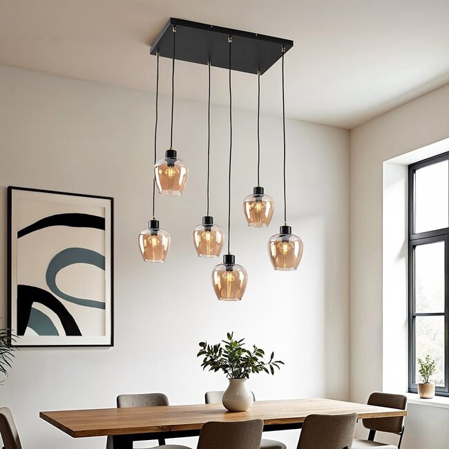 6-light pendant light Arvada - amber glass