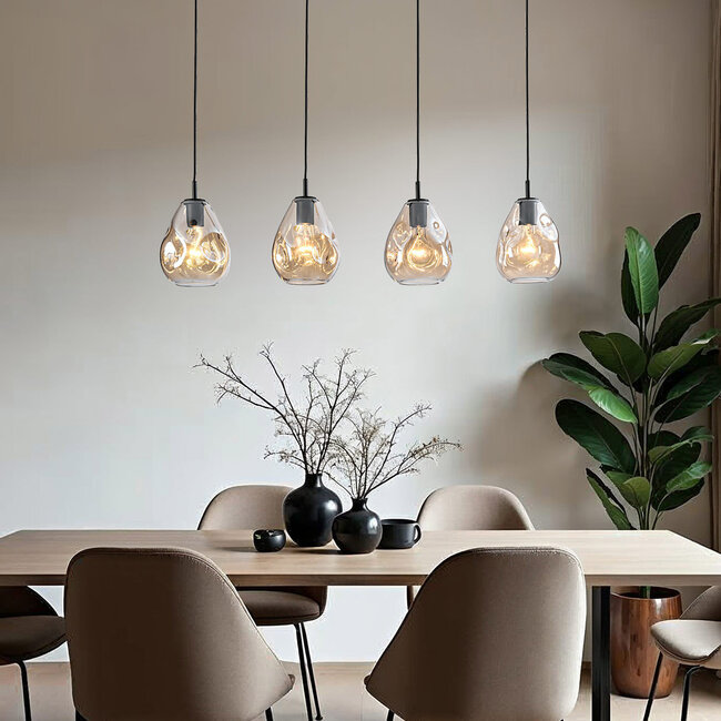 Modern glass pendant lamp, black with Amber glass, 4-light - Faliste