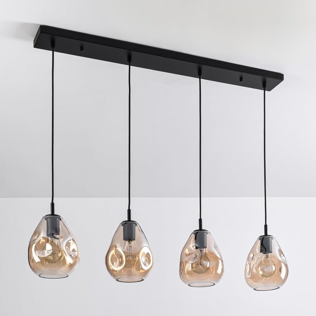 4-light pendant light Faliste - black with amber glass