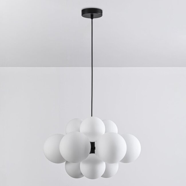 12-light pendant light Decadi - black with opal glass