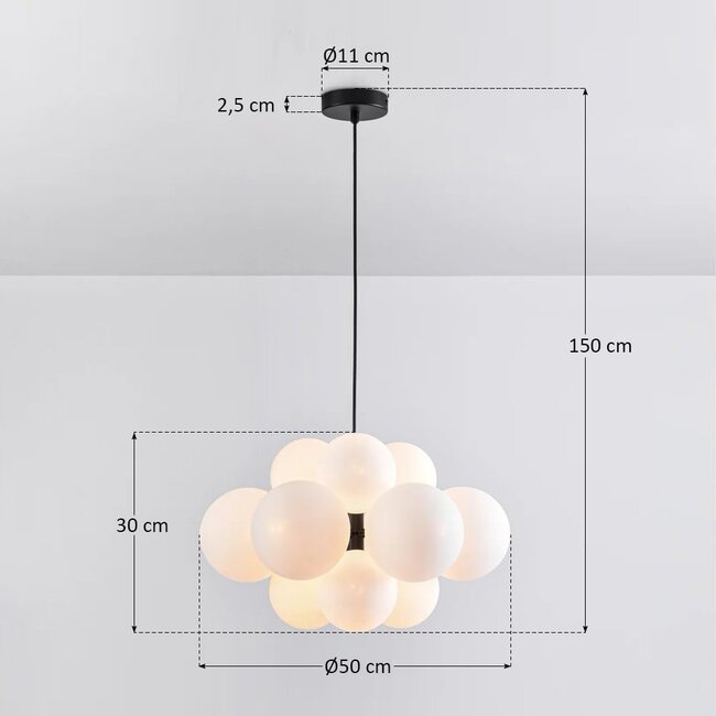 12-light pendant light Decadi - black with opal glass