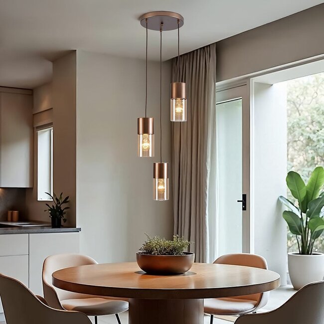 3-light designer coffee brown pendant lamp with Amber glass - Latte