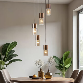 5-light designer pendant lamp in coffee brown with Amber glass - Cortado