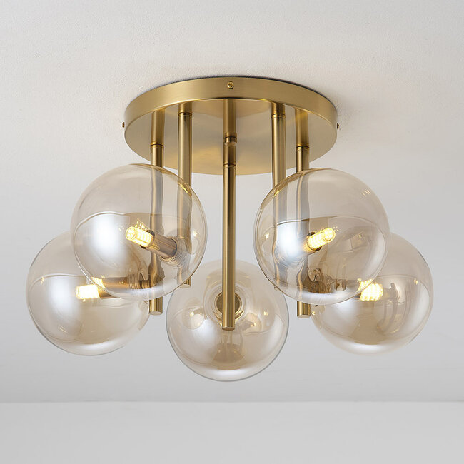 5-light ceiling light Amora - brass with cognac glass