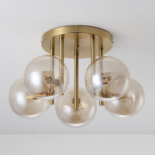 5-light ceiling light Amora - brass with cognac glass