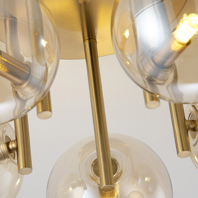 Modern ceiling lamp Amora brass with cognac glass, 5-light